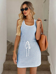 Striped Knitted Mini Dress with Drawstring