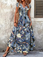 Plus Size Floral V-Neck Cap Sleeve Maxi Dress