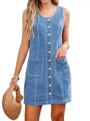 Button-Front Sleeveless Denim Dress