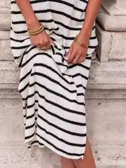 Striped Knit Slit Short Sleeve Midi Dress