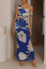 Floral Print One-Shoulder Ruched Maxi Dress