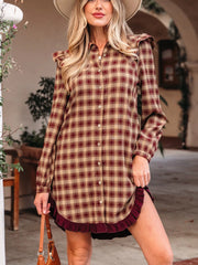 Plaid Print Ruffled Long Sleeve Patchwork Hem Mini Shirt Dress