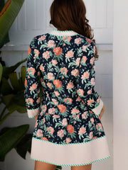Floral Print Striped Trim V Neck Long Sleeve Ruffle Hem Shift Mini Dress