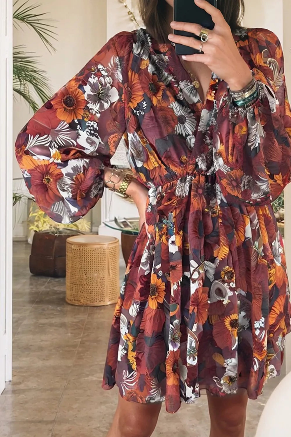 Floral Print Balloon Sleeve Mini Dress