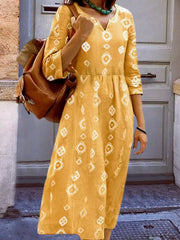 Notched 3/4 Sleeve Midi Dress