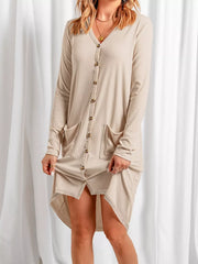 Casual Button-Down Long Sleeve Pocket Dress