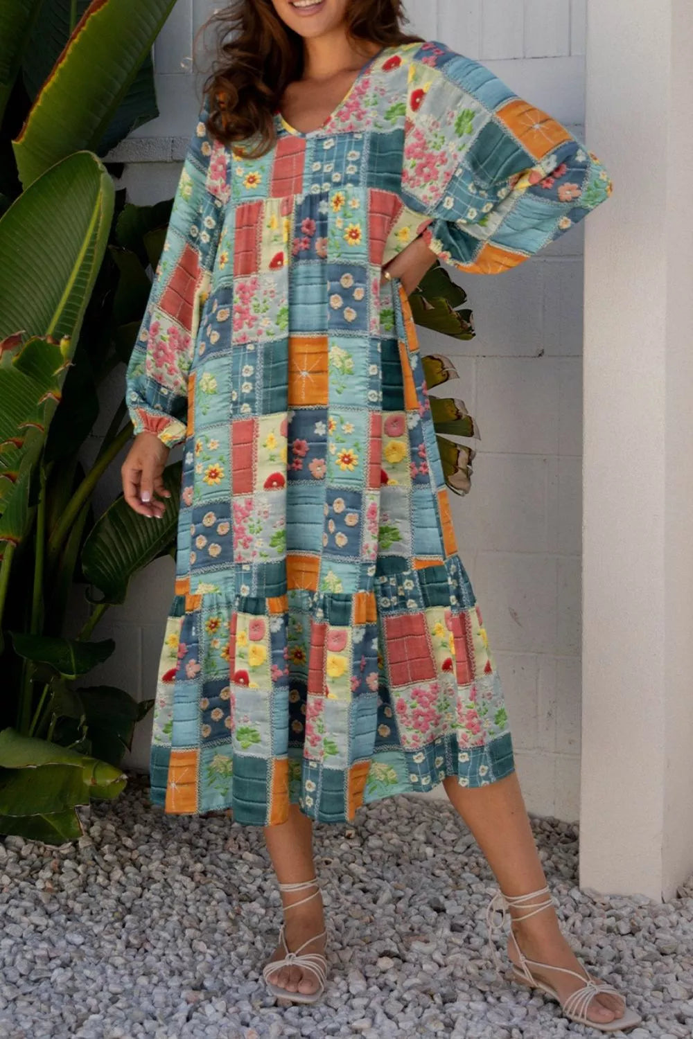 Floral Checkered V-Neck Dress