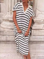 Striped Knit Slit Short Sleeve Midi Dress