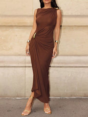 Draped Sleeveless Bodycon Maxi Dress with Metal Decorative