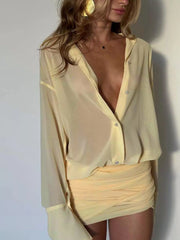 Sheer Button-Down Mini Shirt Dress with Back Tie