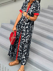 Leopard Print Button-Down Dress with Contrast Trim