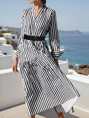 Striped Notched Long Sleeve Midi Dress