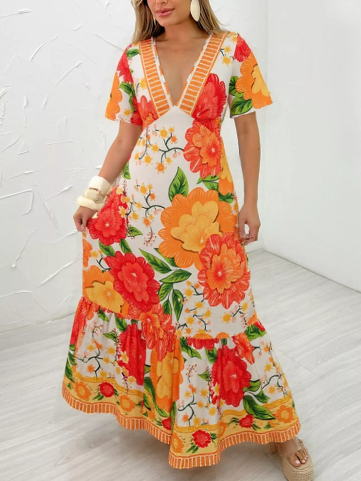 Floral Print V-Neck Maxi Dress