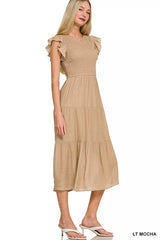 Zenana Woven Smocked Ruffle Sleeve Midi Dress