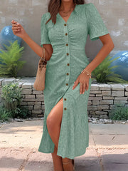 Eyelet Embroidered Button-Down Midi Dress