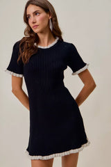 SO ME Contrast Ruffled Sweater Knit Mini Dress