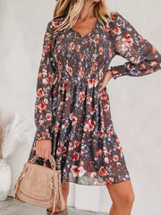 Frilly Smocked Bodice Floral Mesh Long Sleeve Mini Dress