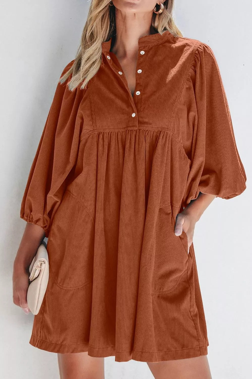 Corduroy Button-Down Babydoll Dress