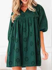 Embroidered Eyelet Pattern 3/4 Puffy Sleeve Swing Mini Dress