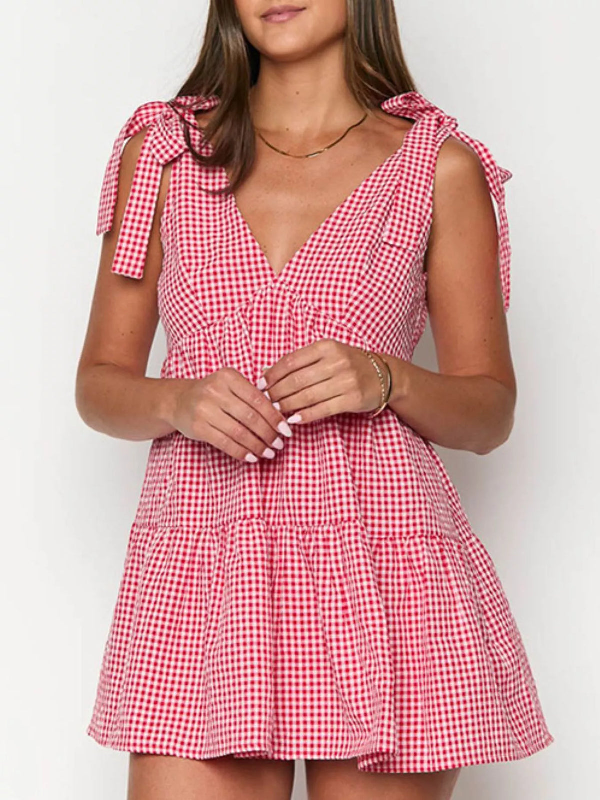 Gingham Tie-Shoulder Mini Dress
