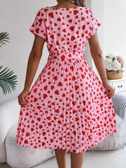 Heart Print Belted Pleated Midi Dress