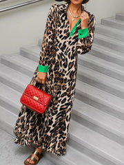 Leopard Print Long Sleeve Shirt Dress with Contrast Trim