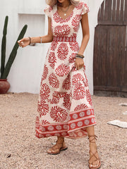 Printed V-Neck Cap Sleeve Dress