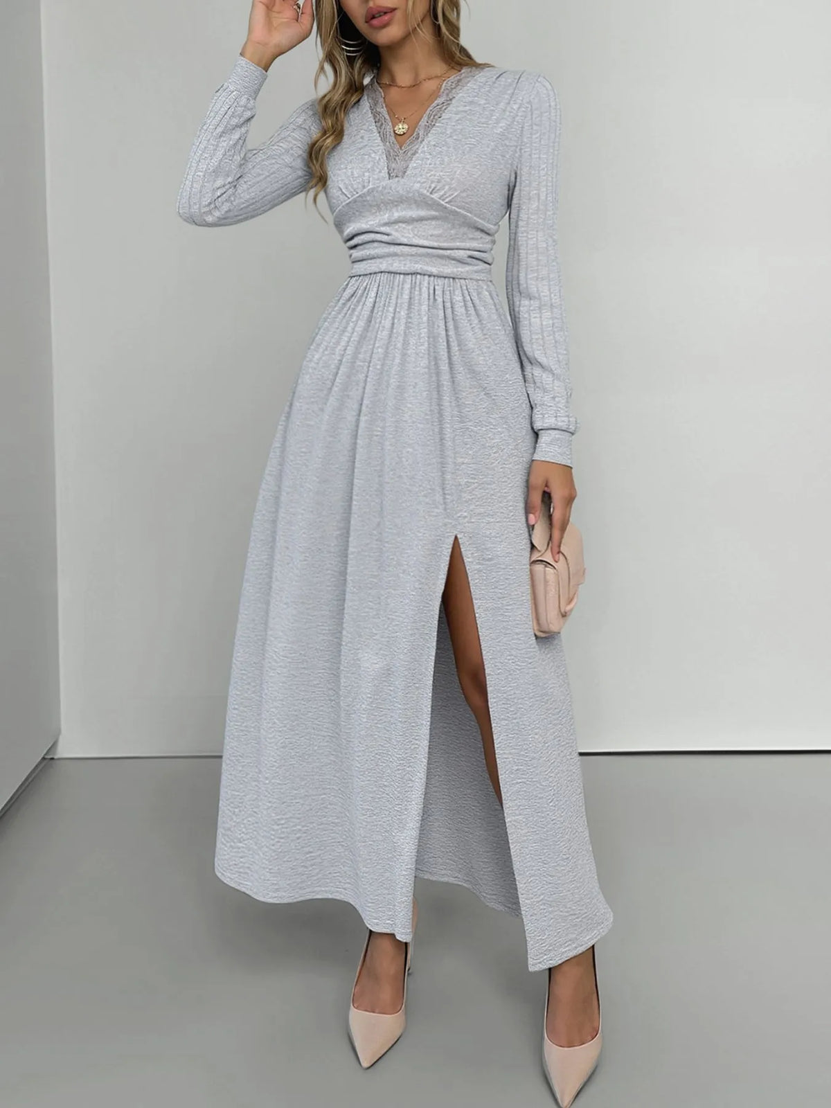Lace Detail V-Neck Maxi Dress with Side Slit