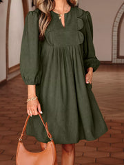 Bracelet Sleeve Split Neck Scallop Detail Pleated Corduroy Mini Dress