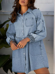 Smocked Cuffs Flared Denim Shirt Mini Dress