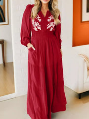 Contrast Embroidered Detail Cinched Waist Tiered Long Sleeve Maxi Dress
