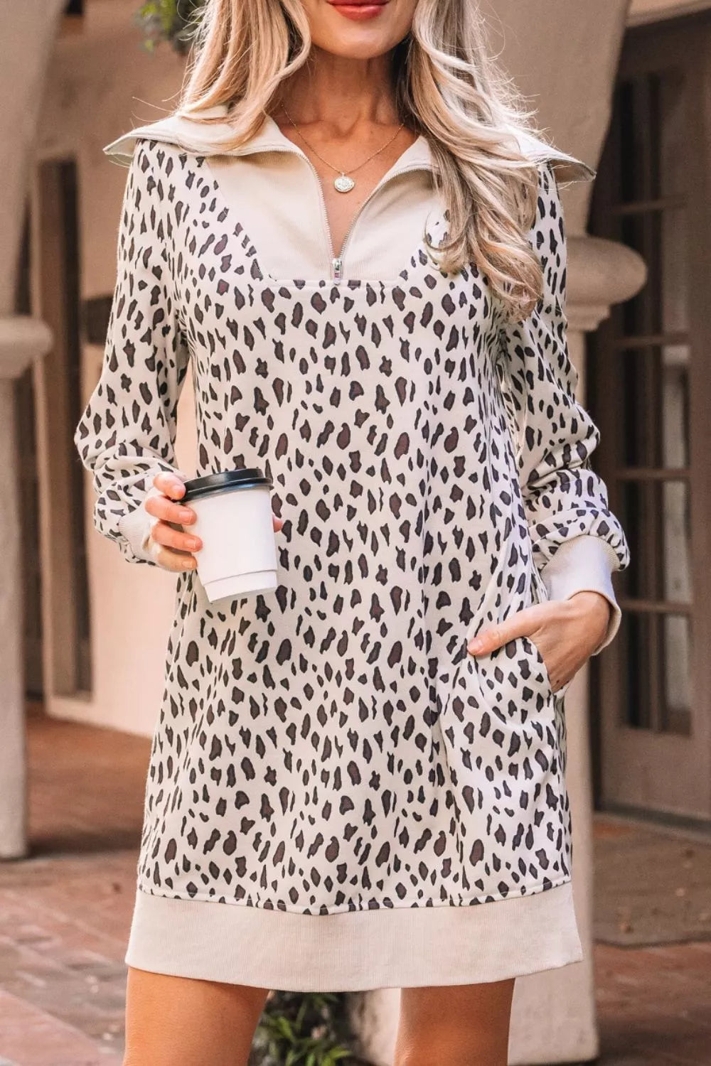Leopard Print Zip up Collar Patchwork Shift Mini Dress
