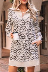 Leopard Print Zip up Collar Patchwork Shift Mini Dress