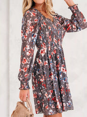Frilly Smocked Bodice Floral Mesh Long Sleeve Mini Dress