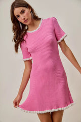 SO ME Contrast Ruffled Sweater Knit Mini Dress