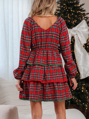 Plaid Print Ricrac Tiered Bubble Sleeve Mini Dress