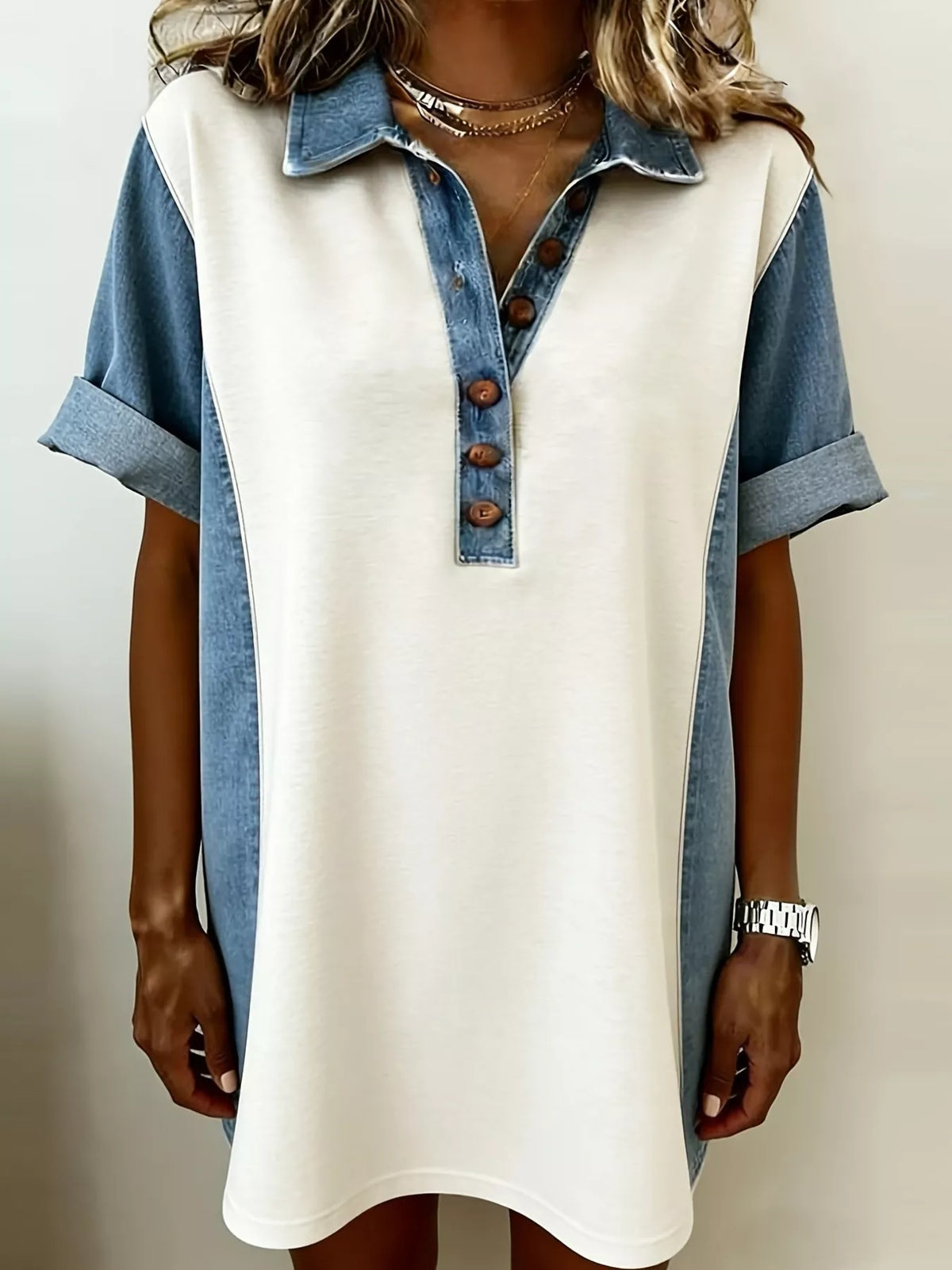 Denim Patchwork Button Front Mini Dress