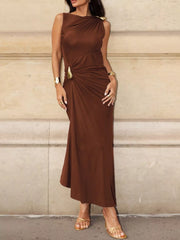 Draped Sleeveless Bodycon Maxi Dress with Metal Decorative