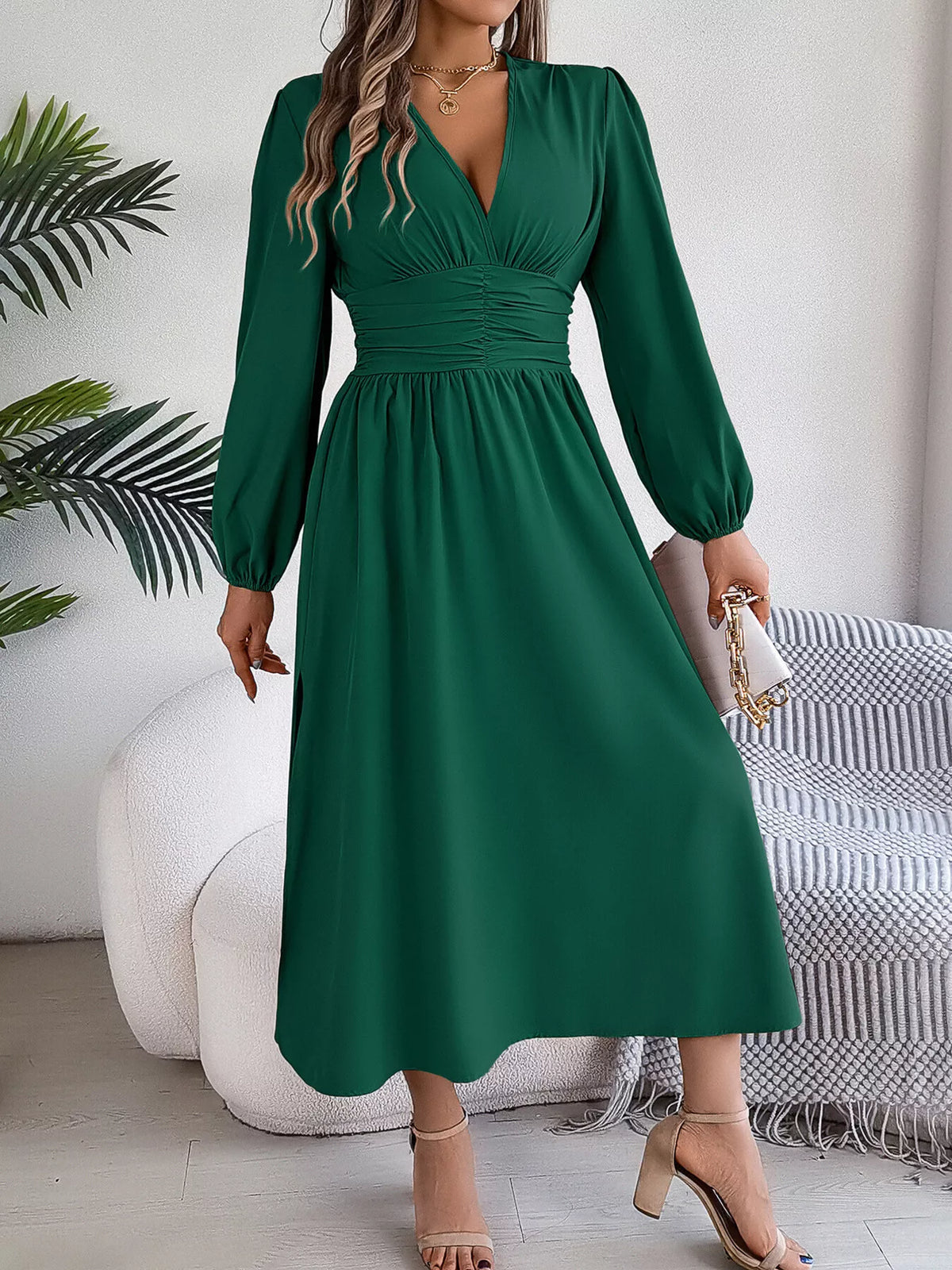 Slit Balloon Sleeve Midi Dress