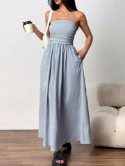 Striped Strapless Casual Maxi Dress