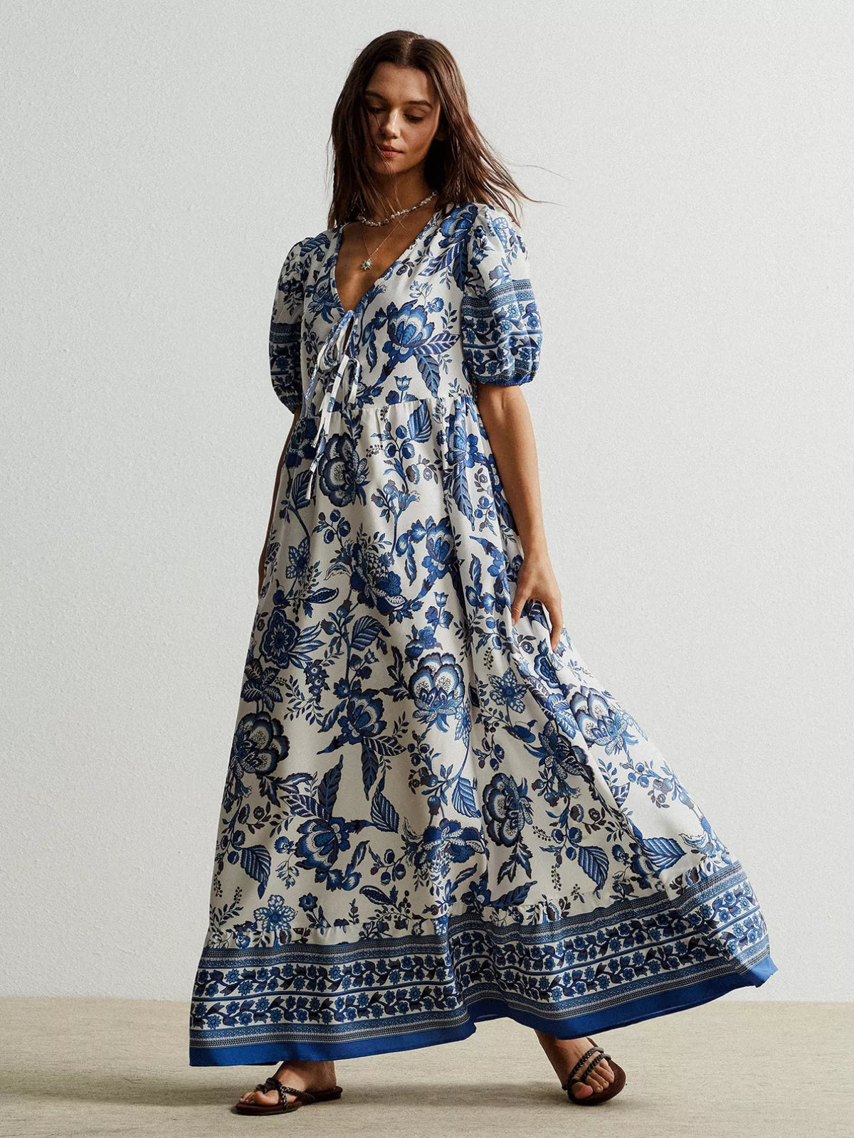 Floral Print Tie-Neck Puff Sleeve Maxi Dress