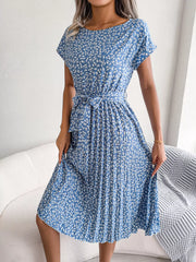 Floral Print Pleated Midi Dress with Belt