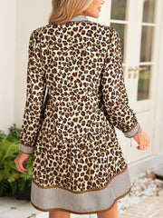 Leopard Print Striped Patchwork 3/4 Sleeve Loose Mini Dress
