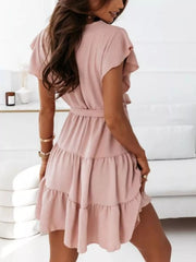 Ruffle Sleeve Tie Waist Tiered Mini Dress