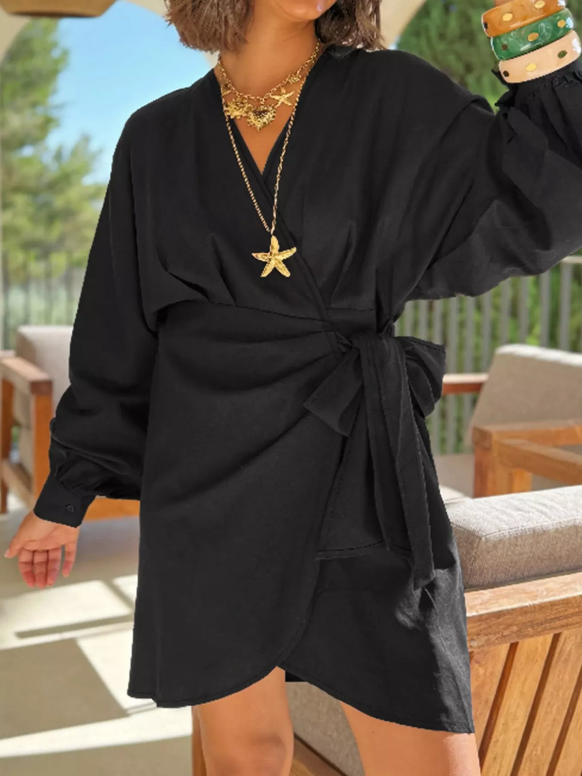 Plus Size Surplice Long Sleeve Wrap Mini Dress