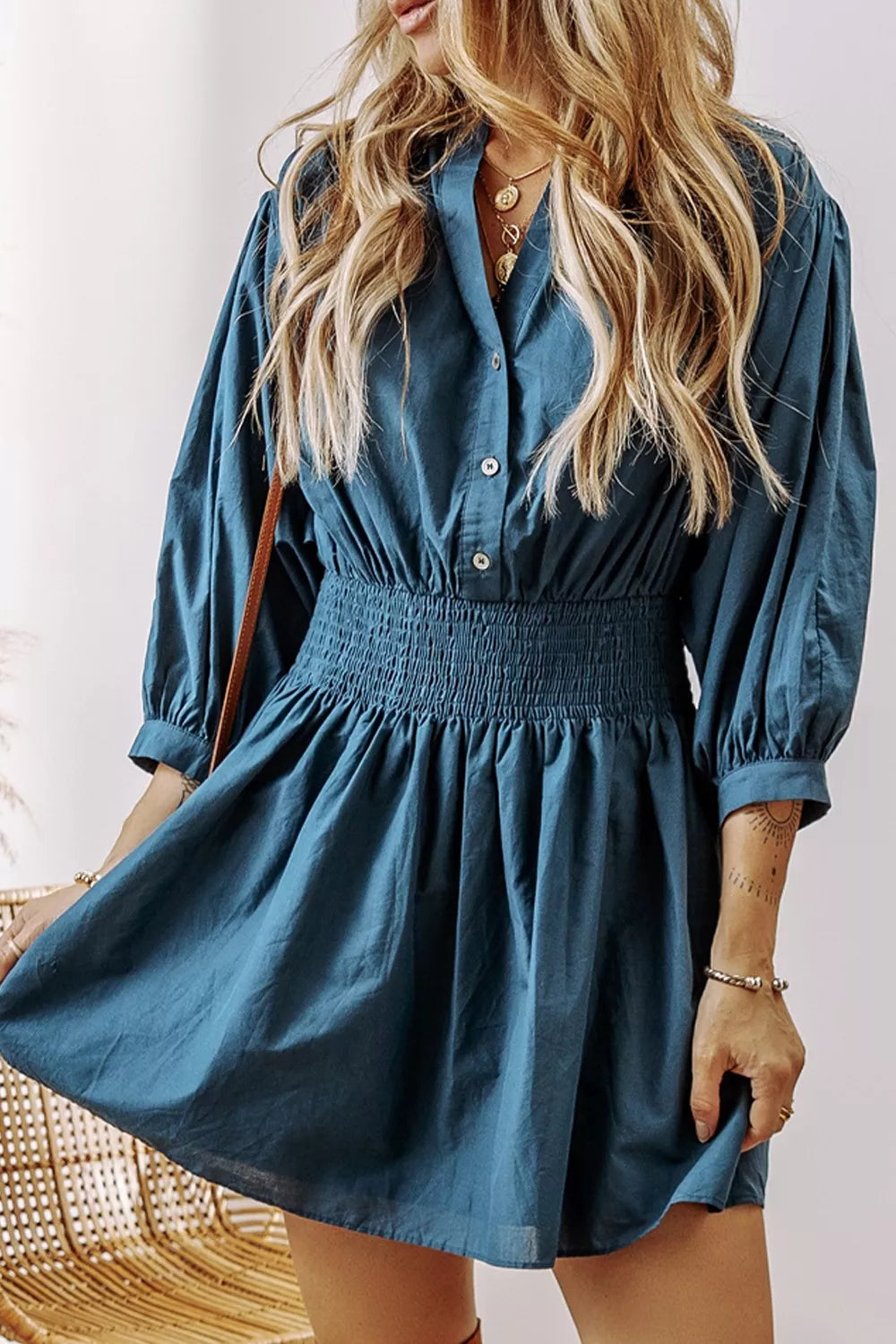 Smocked Button Front Mini Dress