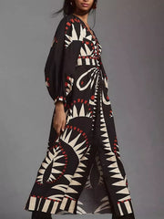 Full Size Geometric Long Sleeve Dress Plus Size
