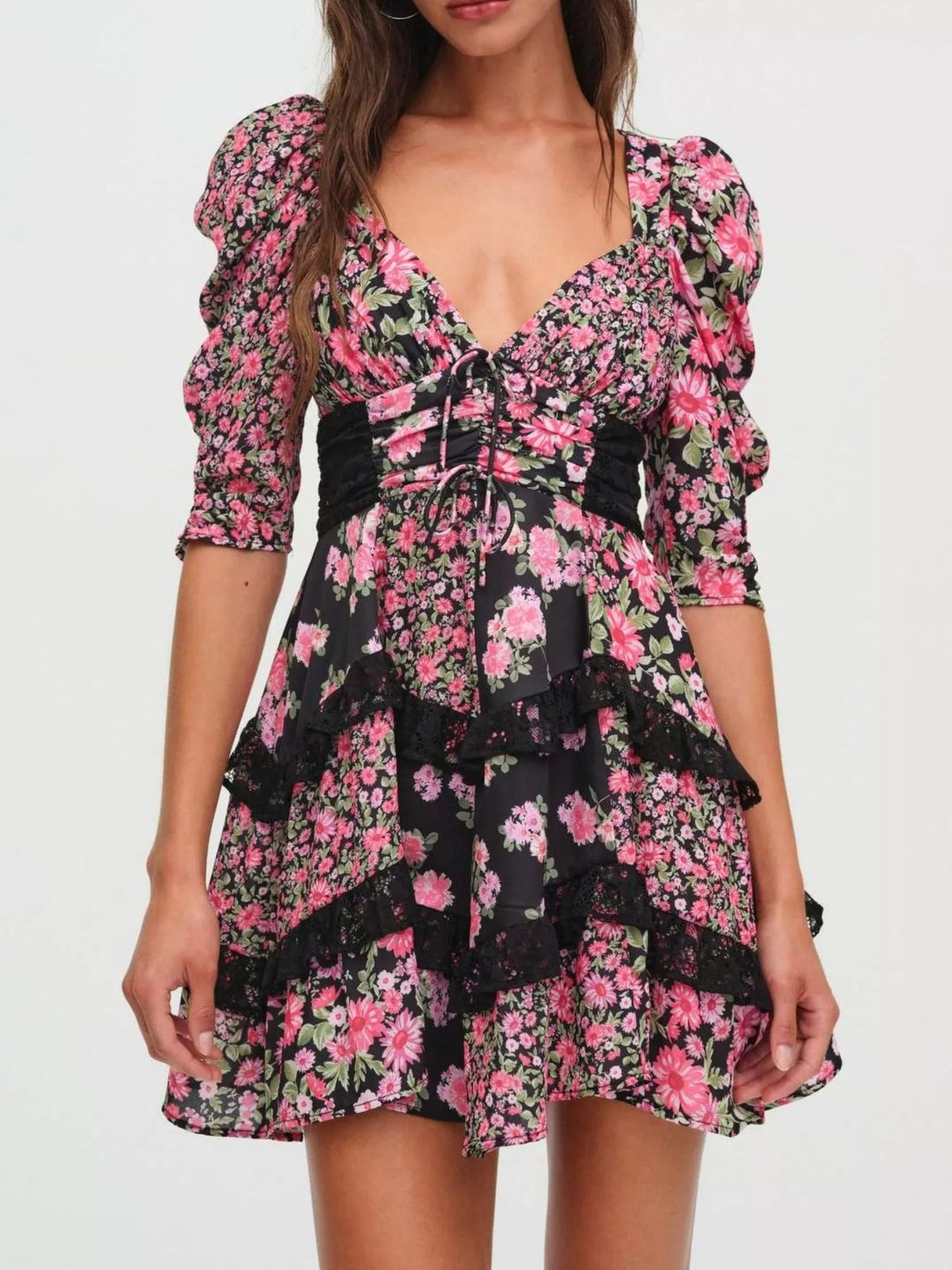 Ruffled Floral Print Half Sleeve Dress