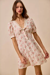 SO ME Floral Lace Trimed  Short Sleeves Mini Dress
