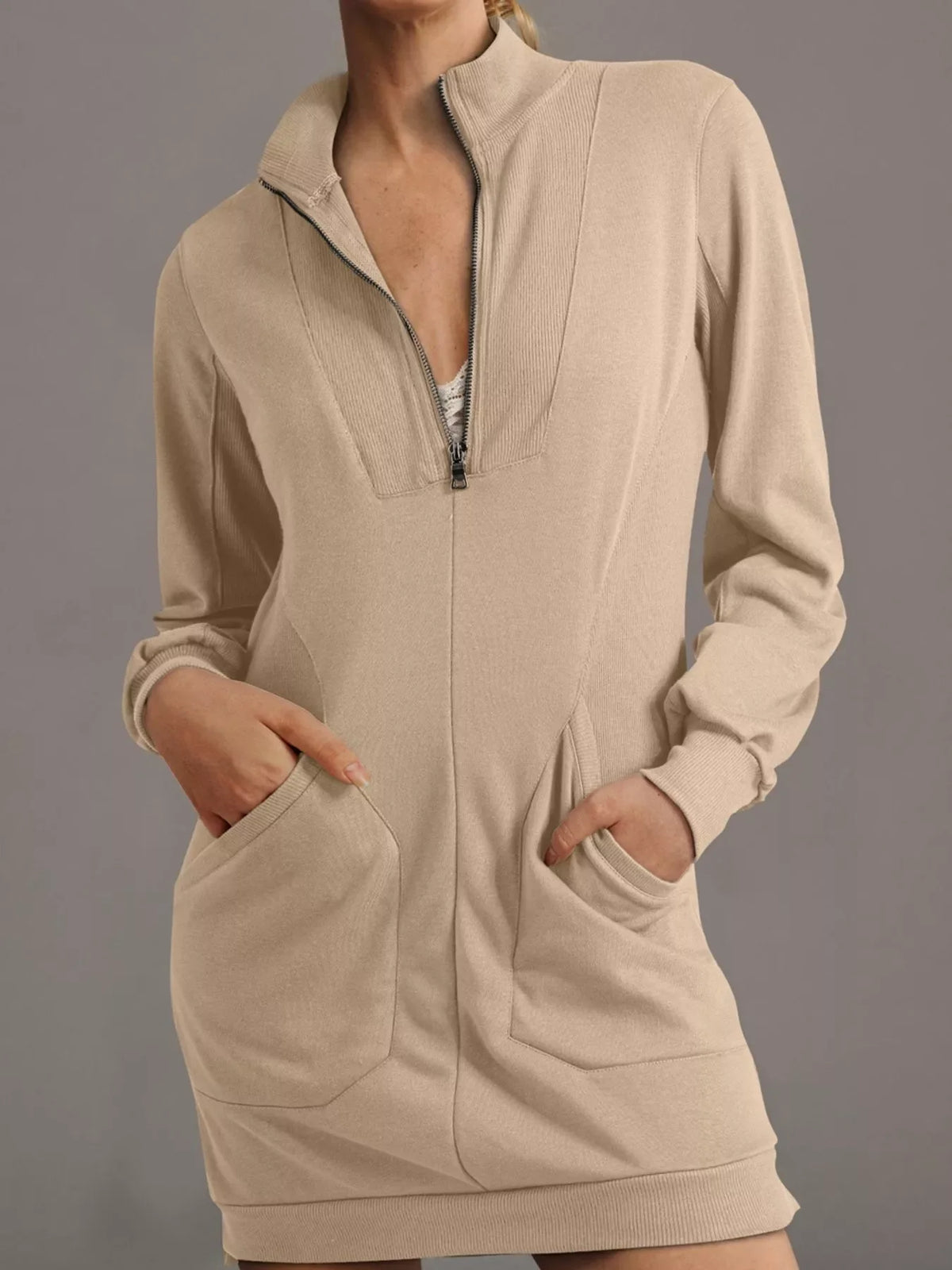 Zip Up Collared Ribbed Patchwork Sweatshirt Dress with Pockets